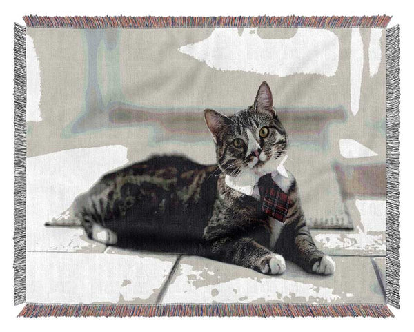 Funny Cat Wears Tie Woven Blanket