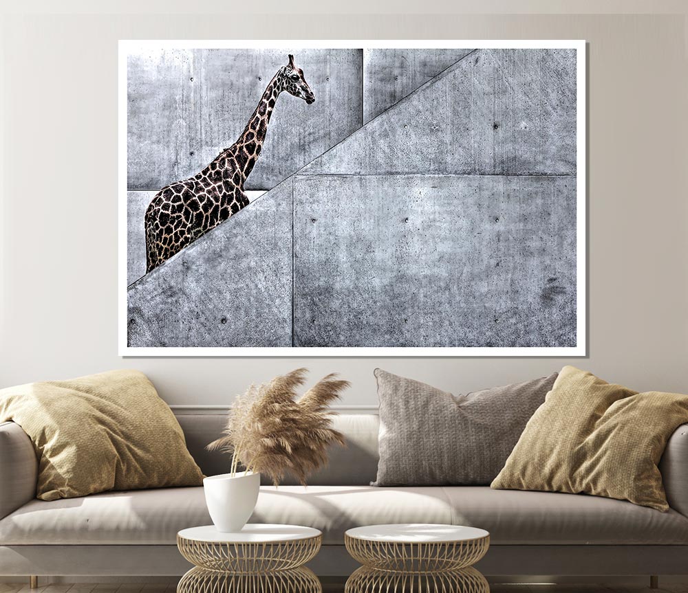 Giraffe Climbing Stairs Print Poster Wall Art