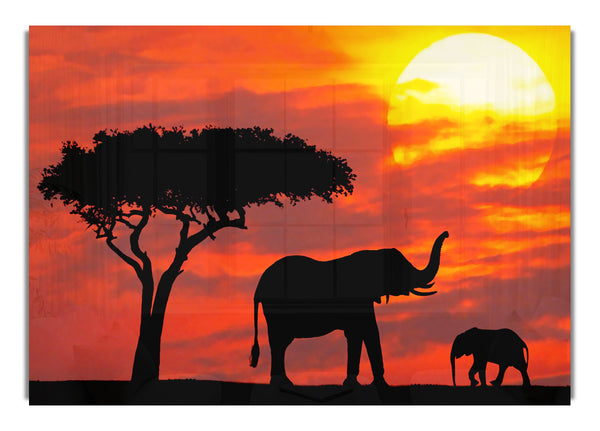 Mutter und Baby Elefant Silhouette bei Sonnenaufgang Kenia