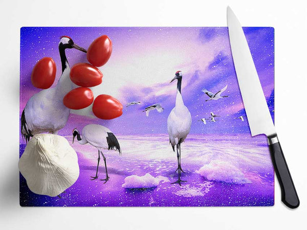 Red Crowned Cranes Japan Glass Chopping Board