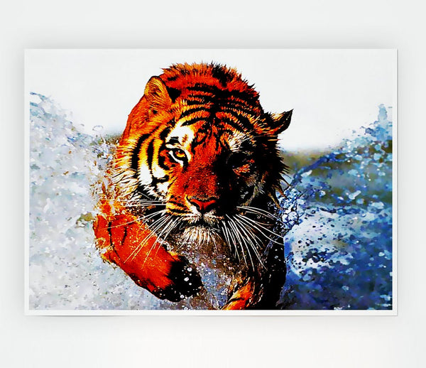 Tiger Running In Water Print Poster Wall Art