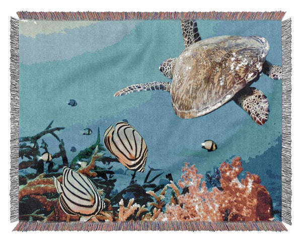 Underwater Turtle And Fish Woven Blanket