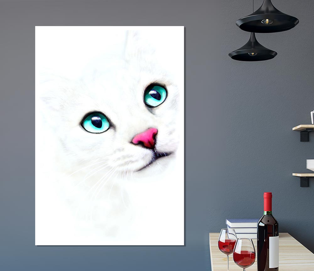 White Cat Blue Eyes Print Poster Wall Art