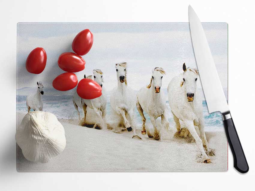 White Ocean Horses Glass Chopping Board