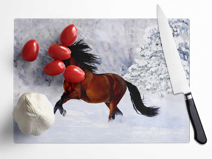 Wild Horse In The Snow Glass Chopping Board