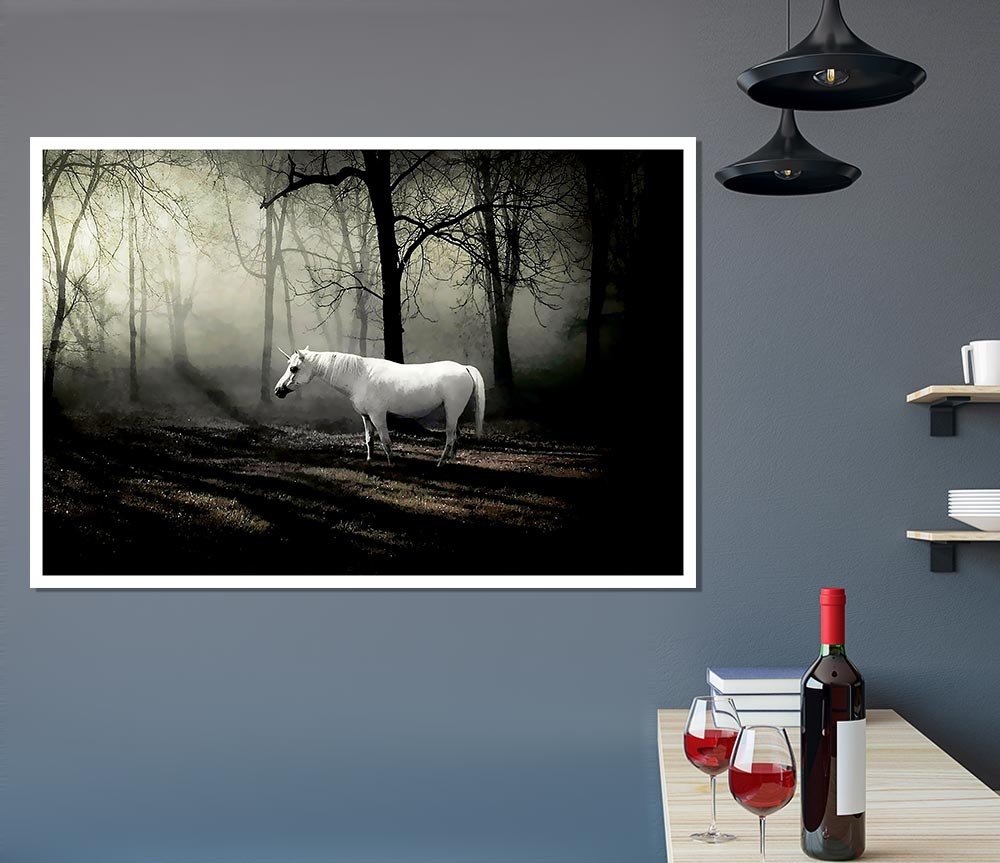 Wild White Unicorn In The Woodland Print Poster Wall Art