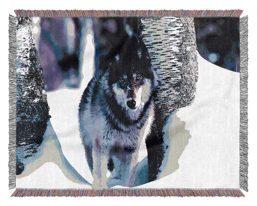 Wolf In The Snow Woven Blanket