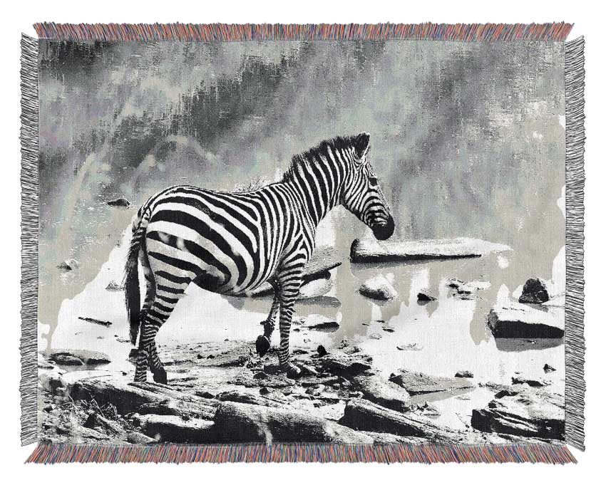 Zebras Watering Hole B n W Woven Blanket