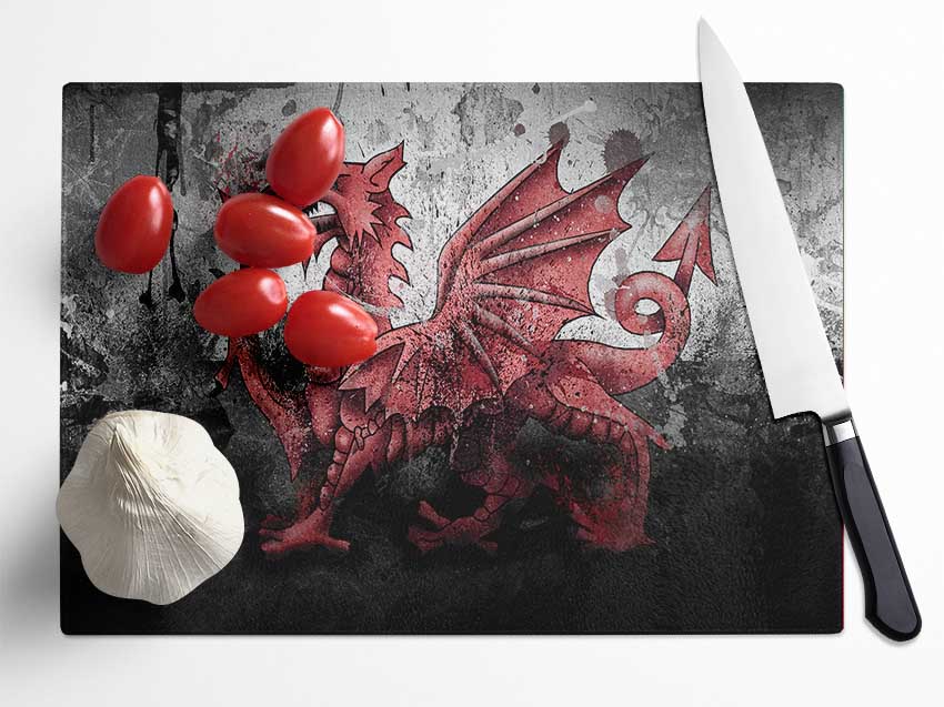Welsh Dragon Grunge Glass Chopping Board