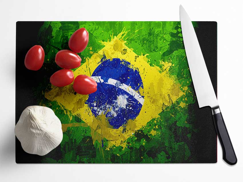 Brazilian Flag Grunge Glass Chopping Board