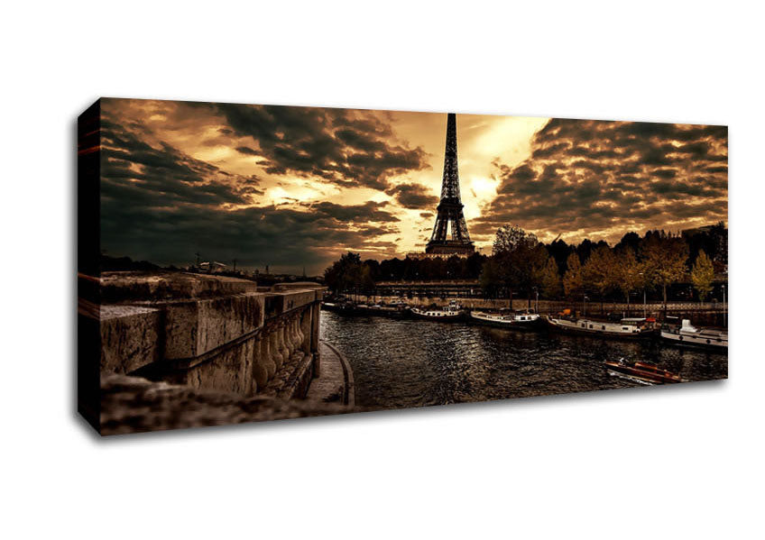 Picture of Eiffel Tower Sepia Clouds Panoramic Canvas Wall Art