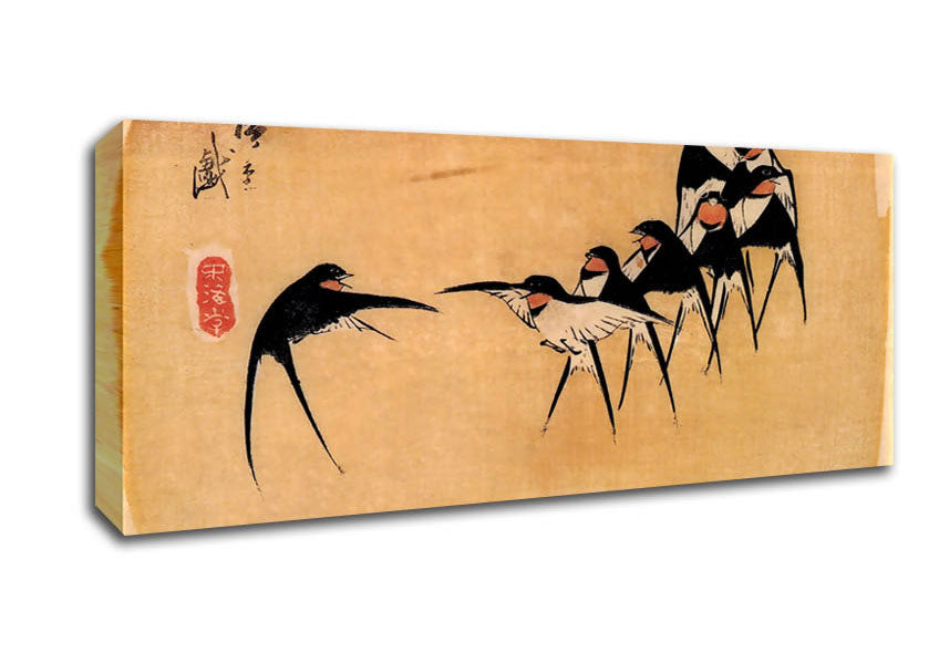 Picture of Hiroshige Dancing Swallows Panoramic Canvas Wall Art