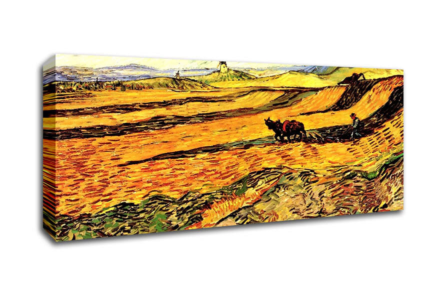 Picture of Van Gogh Field With Ploughman And Mill Panoramic Canvas Wall Art