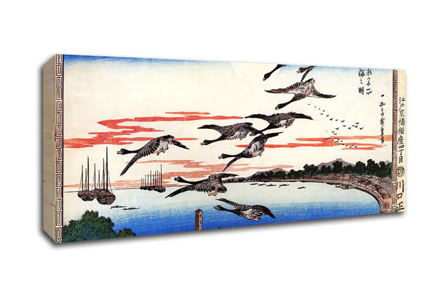 Picture of Hiroshige Geese Descending Over A Bay Panoramic Canvas Wall Art