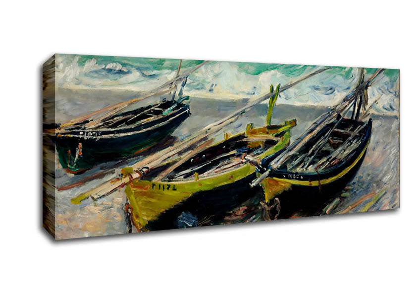 Picture of Monet Three Fishing Boats Panoramic Canvas Wall Art