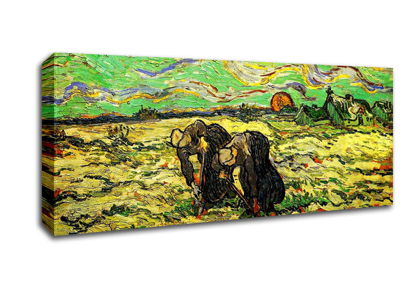 Picture of Van Gogh Two Peasant Women Digging In Field With Snow Panoramic Canvas Wall Art