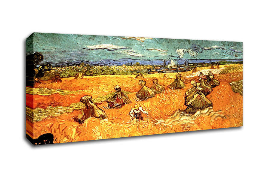 Picture of Van Gogh Wheat Stacks With Reaper Panoramic Canvas Wall Art