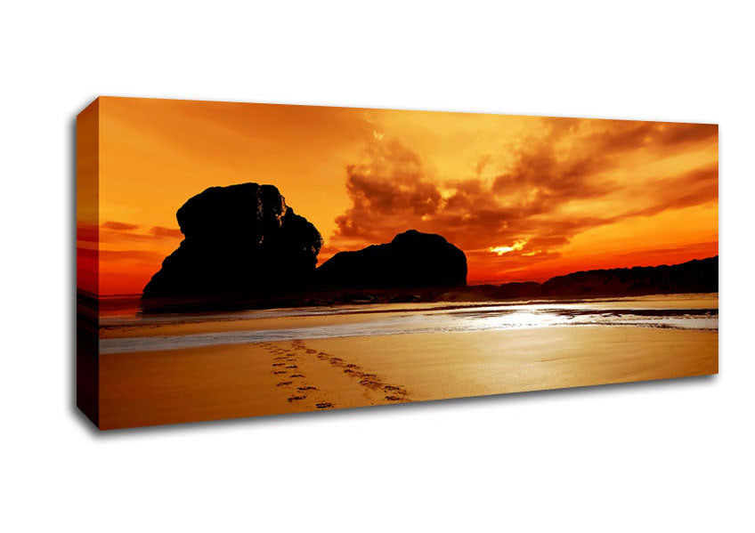 Picture of Footprints In The Orange Ocean Sand Panoramic Canvas Wall Art
