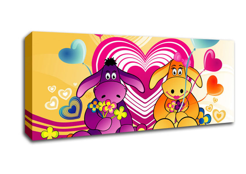 Picture of Donkeys And Hearts Celebration White Panoramic Canvas Wall Art