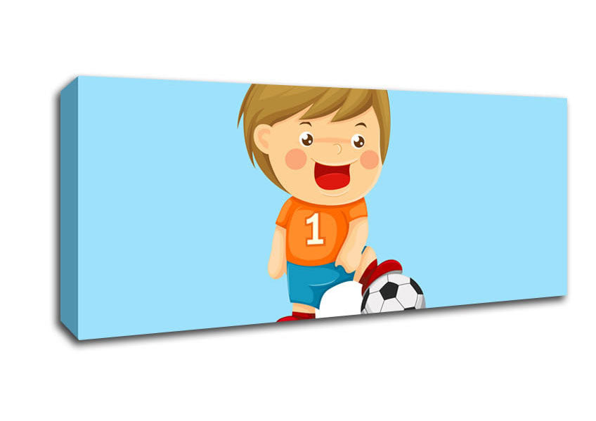 Picture of Footballer Standing On Ball Baby Blue Panoramic Canvas Wall Art