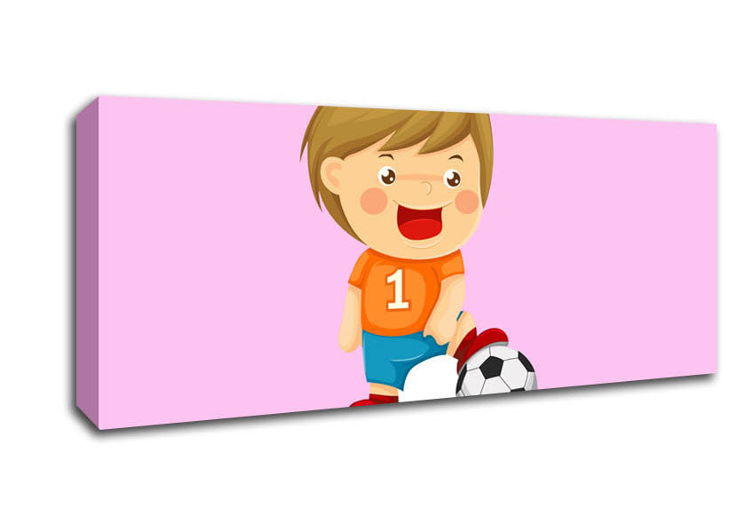 Picture of Footballer Standing On Ball Pink Panoramic Canvas Wall Art