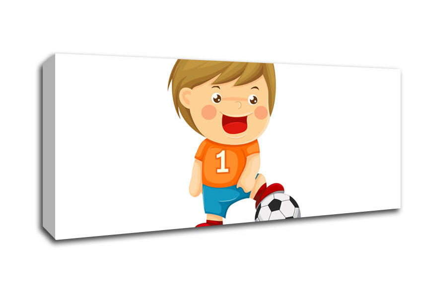 Picture of Footballer Standing On Ball White Panoramic Canvas Wall Art