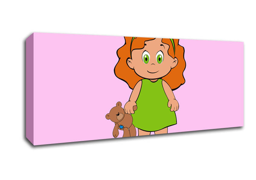 Picture of Girl With Teddy Bear Pink Panoramic Canvas Wall Art