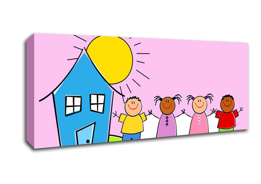 Picture of Happy Children In The Sun Pink Panoramic Canvas Wall Art