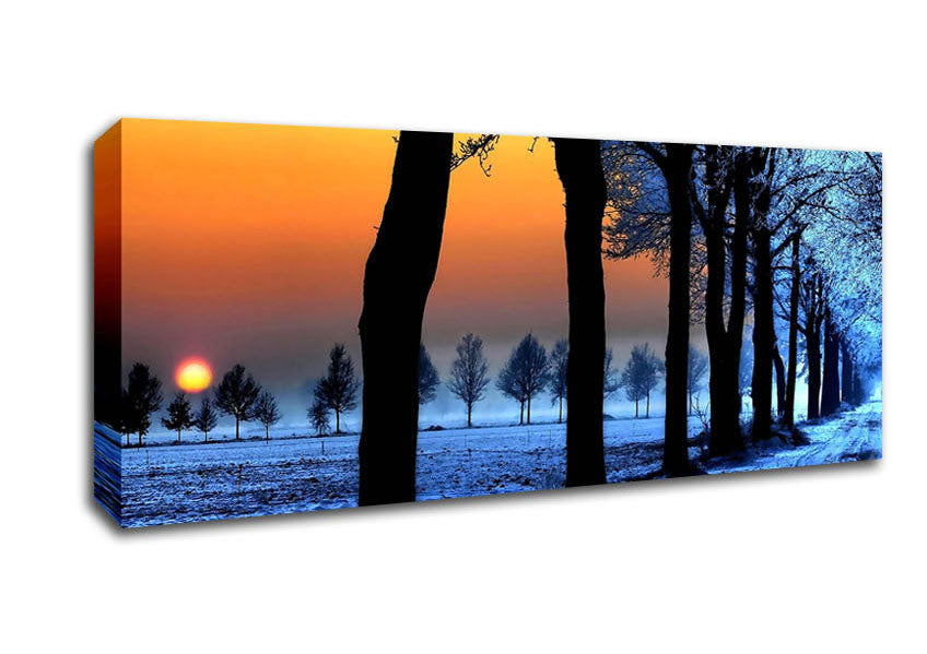 Picture of Winter Landscape With Orange Sky Panoramic Canvas Wall Art