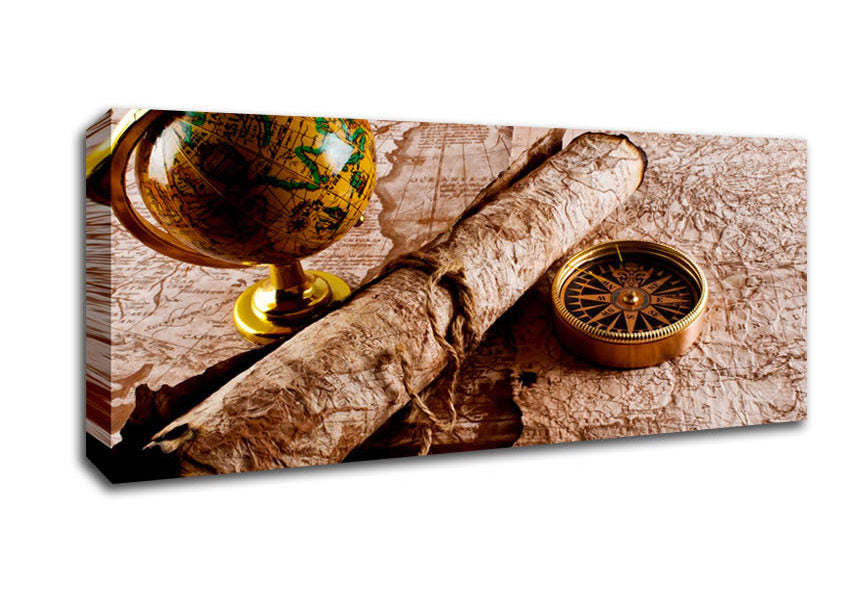 Picture of Old Maps And Compass With Globe Panoramic Canvas Wall Art