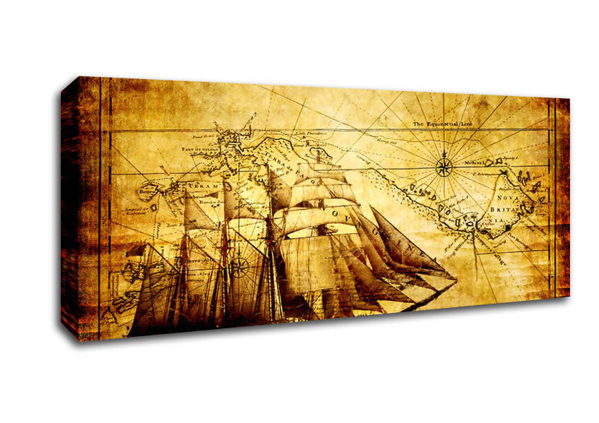Picture of Old World Map With Ship Panoramic Canvas Wall Art