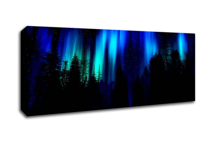 Picture of Blue Northern Lights Through The Forest Panoramic Canvas Wall Art