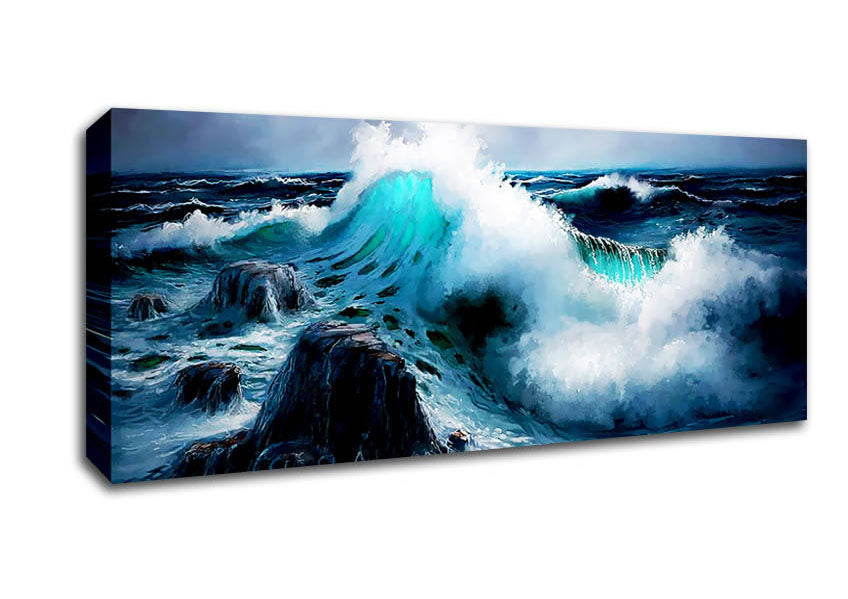 Picture of Waves Crashing On The Ocean Rocks Panoramic Canvas Wall Art