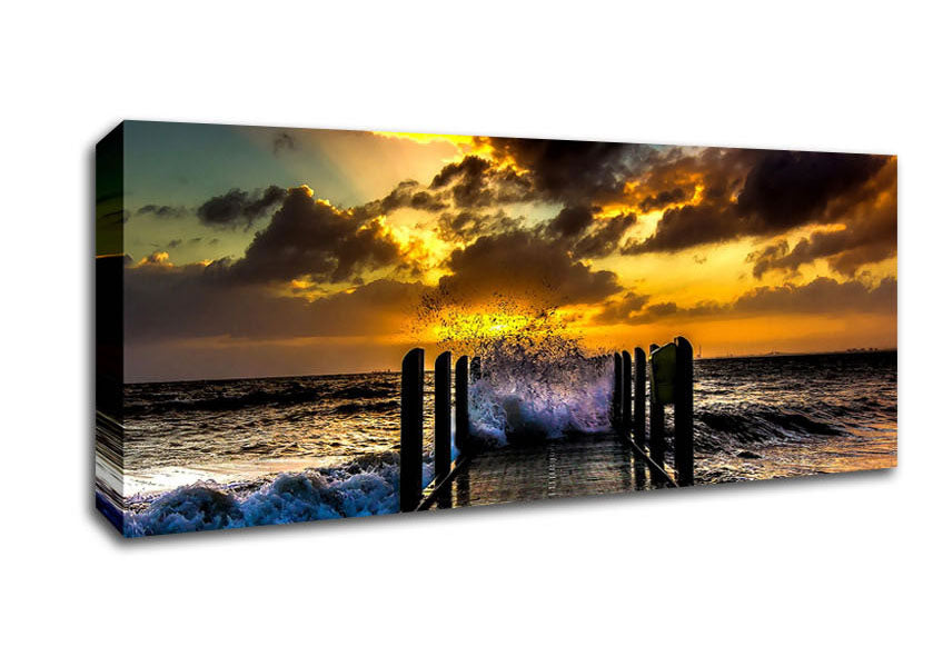 Picture of Waves Crashing On The Pier At Sunset Panoramic Canvas Wall Art