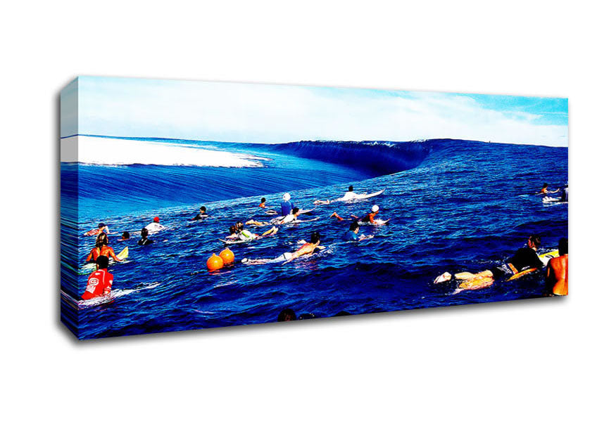 Picture of Surfers Hunt For The Ultimate Wave Panoramic Canvas Wall Art
