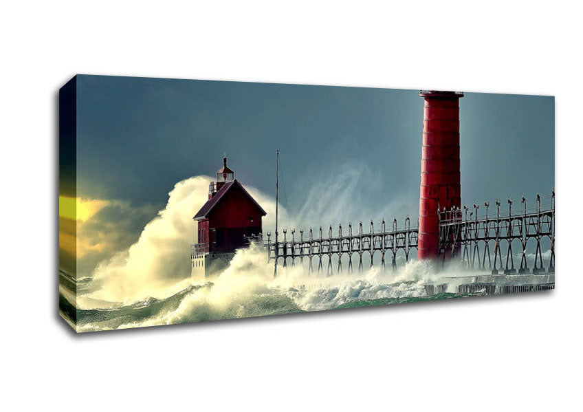 Picture of Lighthouse Stormy Sea Panoramic Canvas Wall Art