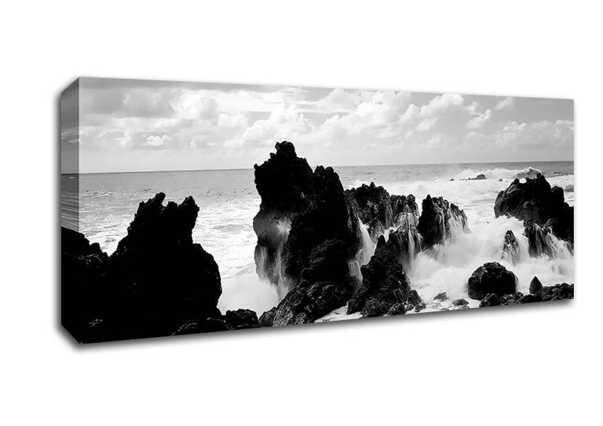 Picture of Crashing Waves Over Rocks B n W Panoramic Canvas Wall Art