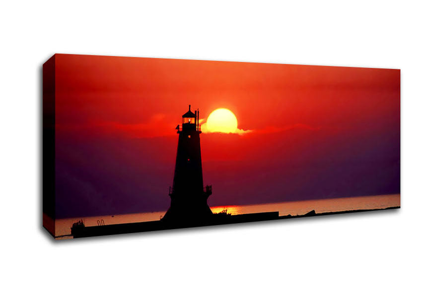 Picture of Lighthouse Sunset Red Panoramic Canvas Wall Art