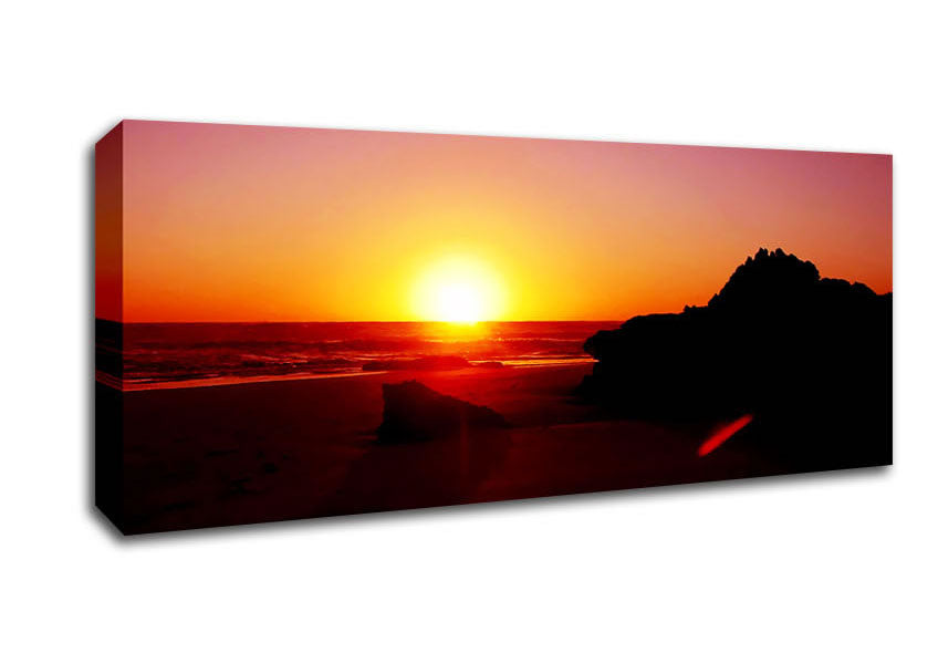 Picture of Pink Sunset Horizon Over The Ocean Rocks Panoramic Canvas Wall Art