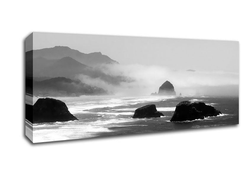 Picture of Crashing Misty Waves Over The Ocean Rocks B n W Panoramic Canvas Wall Art