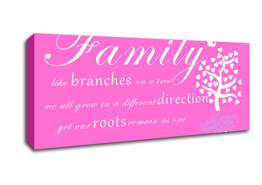 Picture of Family Quote Family Like Branches On A Tree Vivid Pink Panoramic Canvas Wall Art