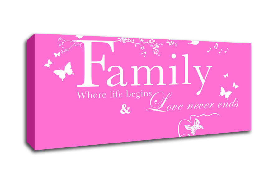 Picture of Family Quote Family Where Life Begins Vivid Pink Panoramic Canvas Wall Art
