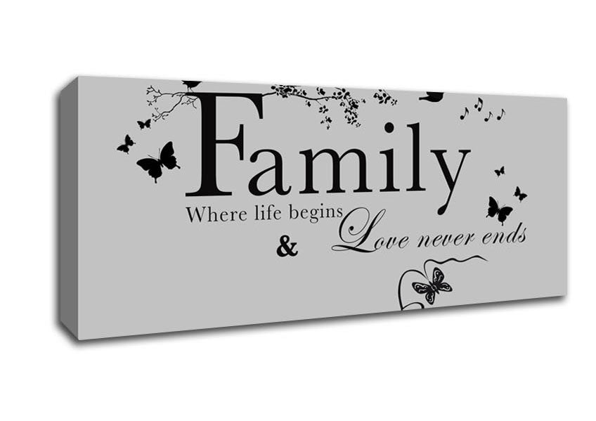 Picture of Family Quote Family Where Life Begins Grey Panoramic Canvas Wall Art
