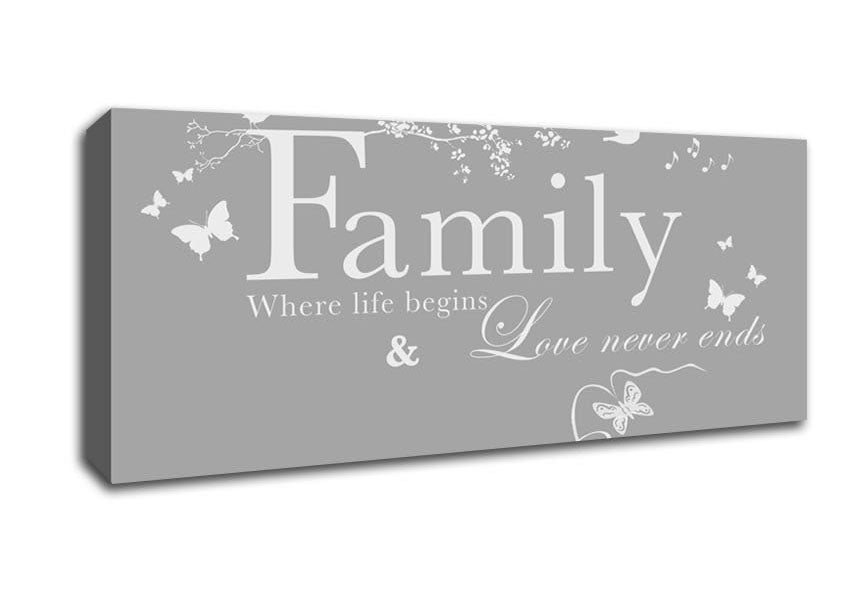 Picture of Family Quote Family Where Life Begins Grey White Panoramic Canvas Wall Art