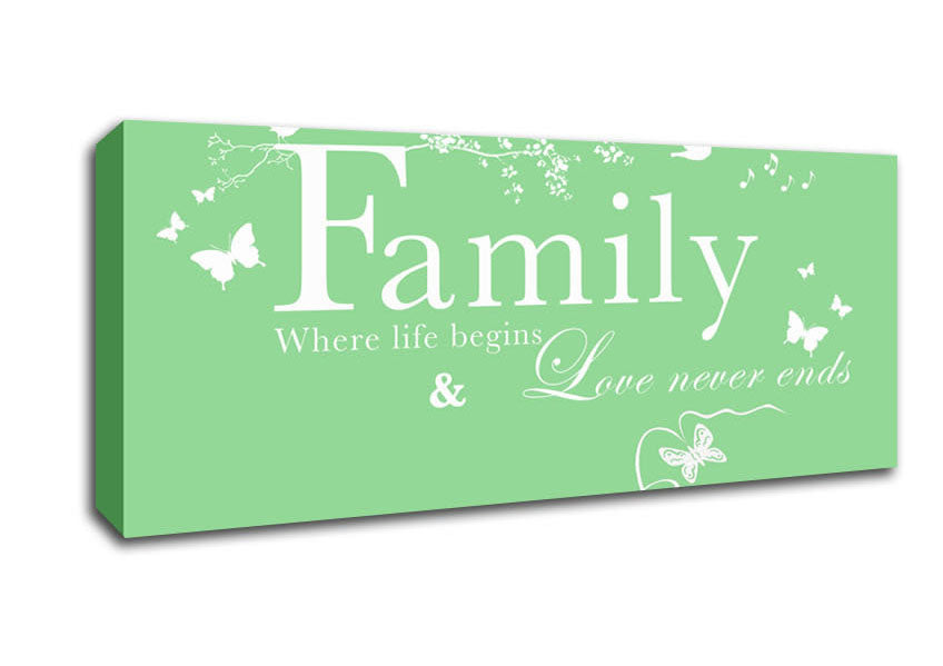 Picture of Family Quote Family Where Life Begins Green Panoramic Canvas Wall Art