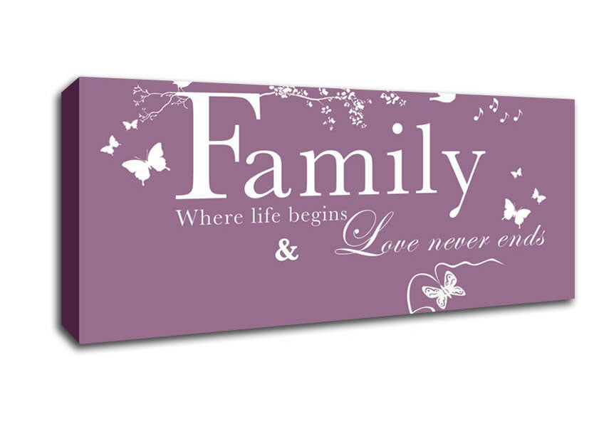 Picture of Family Quote Family Where Life Begins Dusty Pink Panoramic Canvas Wall Art