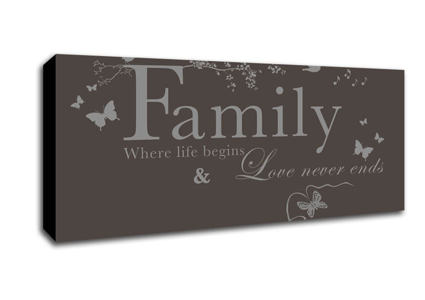 Picture of Family Quote Family Where Life Begins Chocolate Panoramic Canvas Wall Art
