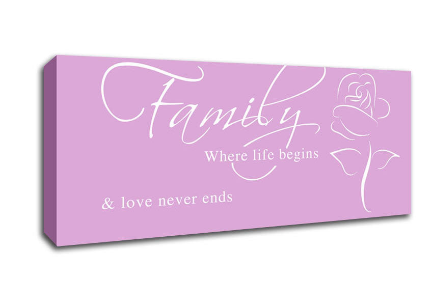 Picture of Family Quote Family Where Life Begins 1 Pink Panoramic Canvas Wall Art