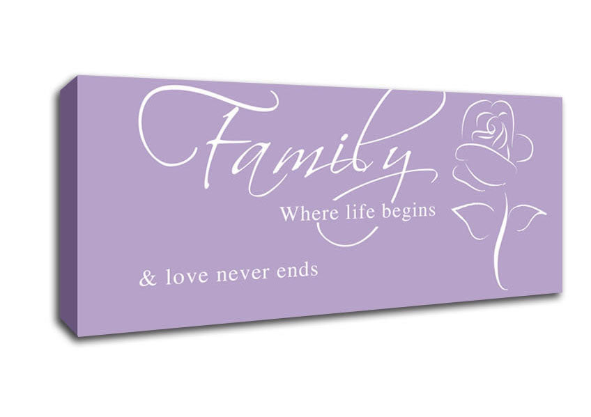 Picture of Family Quote Family Where Life Begins 1 Lilac Panoramic Canvas Wall Art