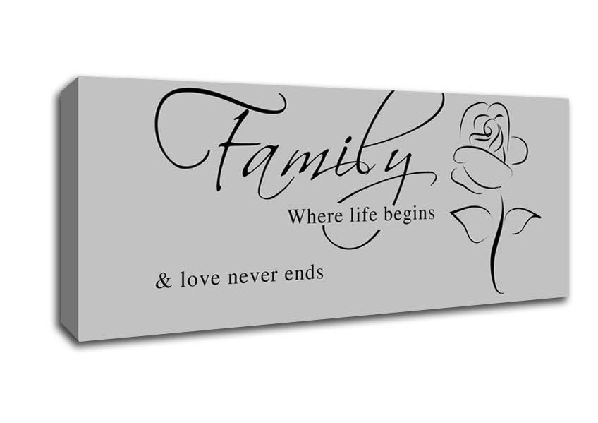 Picture of Family Quote Family Where Life Begins 1 Grey Panoramic Canvas Wall Art